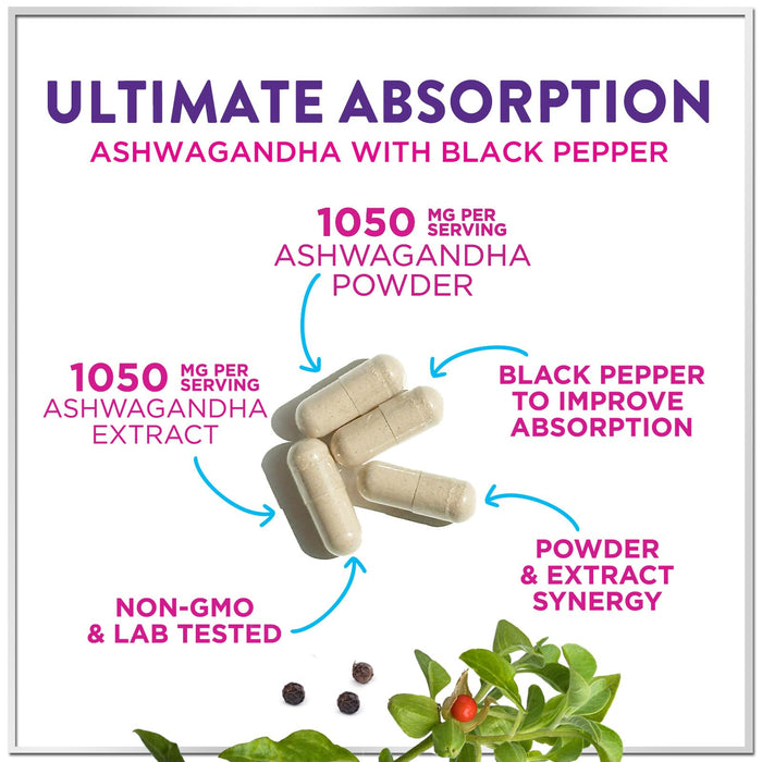 Ashwagandha 2,100 mg - Ashwagandha Supplements for Women in Veggie Capsules with Powder & Root Extract, Black Pepper for High Absorption, Plant Based, Non-GMO, Bottled in the USA - 60 Veggie Capsules