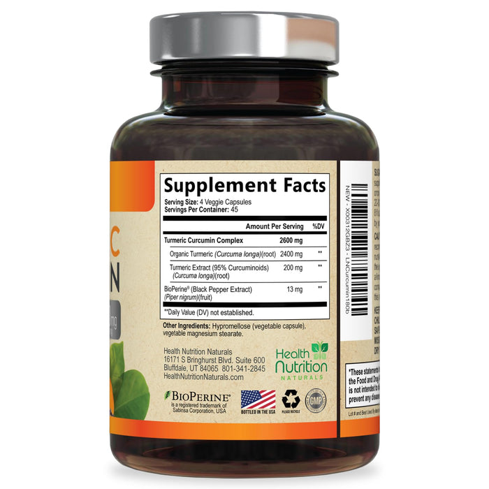 Turmeric Curcumin Supplement 2600mg - 95% Curcuminoids with Organic Turmeric & BioPerine Black Pepper for Best Absorption, Nature's Vegan Joint Support, Non-GMO Tumeric, Bottled in USA - 180 Capsules
