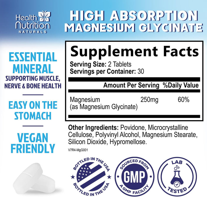 Magnesium Glycinate 250mg - 100% Chelated Magnesium for Max Absorption - Sleep Support, Muscle, Nerves, Bone & Heart Health Support, Best Mag Supplement, Vegan Non-GMO, 3rd Party Tested - 60 Tablets