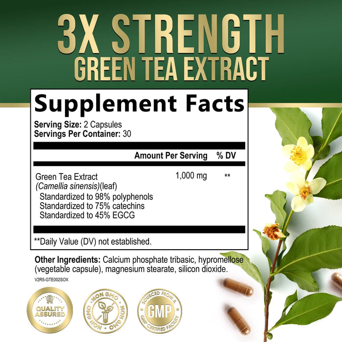 Green Tea Extract Capsules 1000 mg - Standardized 45% EGCG & 98% Polyphenols - 3X Strength Green Tea Pills for Natural Energy - Supports Heart Health, Herbal Supplement, Vegan, Non-GMO - 60 Capsules