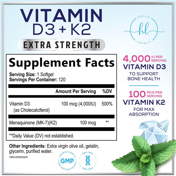 Vitamin D3 K2 - Vitamin D3 (5000 iu) & 100 mcg Vitamin K2 (MK-7) Complex for Immune Support & Bone, Teeth & Muscle Health - Easy to Swallow, Gluten Free, Non-GMO, Bottled in USA - 120 Softgels