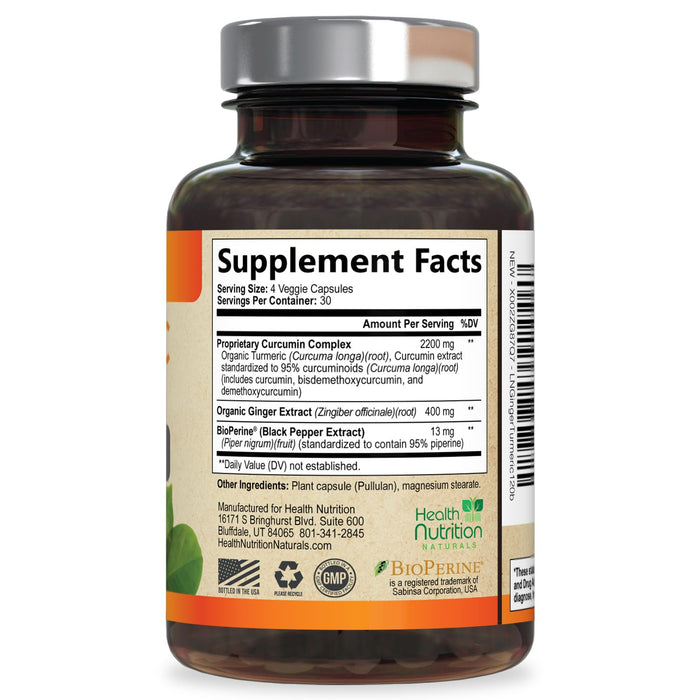 Turmeric Curcumin Supplement 2600mg - with Organic Ginger & Turmeric, 95% Curcuminoids, BioPerine Black Pepper for Best Absorption, Nature's Vegan Joint Support, Non-GMO, Bottled in USA - 120 Capsules