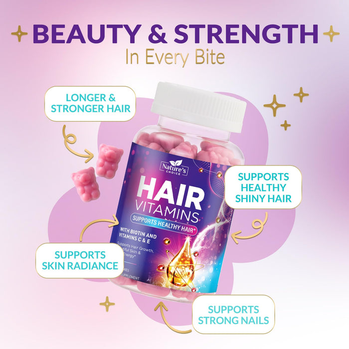 Hair Vitamins Gummies with Biotin 5000 mcg Vitamin E & C Support Hair Growth Gummy, Premium Vegetarian Non-GMO, for Stronger, Beautiful Hair, Skin & Nails, Biotin Gummies Supplement - 60 Gummy Bears