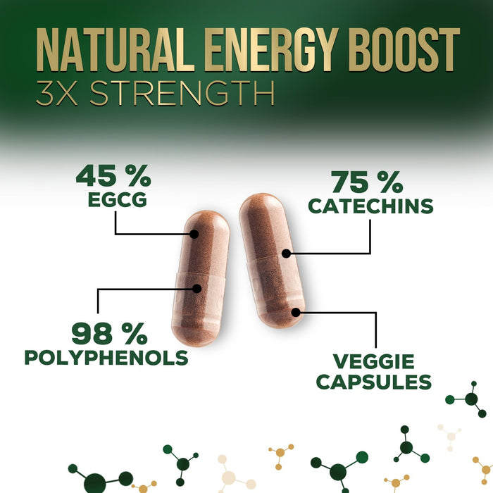 Green Tea Extract Capsules 1000 mg - Standardized 45% EGCG & 98% Polyphenols - 3X Strength Green Tea Pills for Natural Energy - Supports Heart Health, Herbal Supplement, Vegan, Non-GMO - 60 Capsules