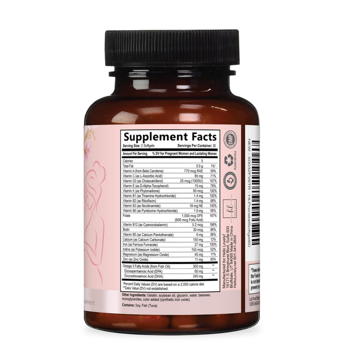 Prenatal Vitamins For Women With Folic Acid, DHA & Iron - Women's Prenatal Multivitamin, Essential Pre Natal Vitamins with Folate, Omega 3, D3, B12, Pregnancy Supplement for Mom & Baby - 60 Softgels
