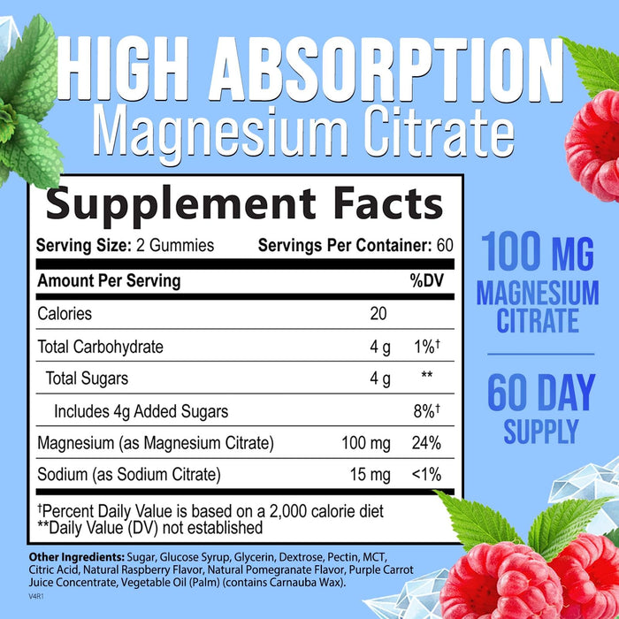 Magnesium Citrate Supplement Gummies - High Absorption Magnesium Gummy for Adults & Kids, Magnesio Citrate Supplements for Bone, Muscle Health, Heart Support, Vegan, Gluten Free, Non-GMO - 120 Gummies
