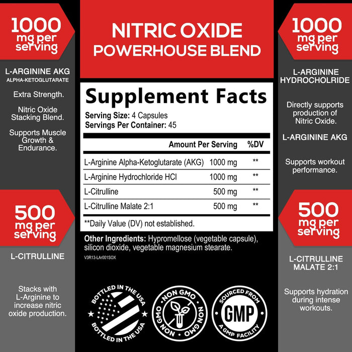 Extra Strength Nitric Oxide Supplement 3X Strength L Arginine, Citrulline Malate, AAKG, Beta Alanine - Premium Muscle Supporting Nitric Booster - Natural Energy & Heart Health Support - 180 Capsules