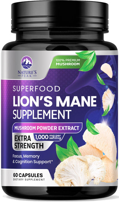 Lions Mane Mushroom Capsules 10,000mg - Lion’s Mane Supplement Capsules for Memory and Focus Support, Brain, Immune Health Support, Vegan, Bottled in USA, Lions Mane Mushroom Powder Extract, 60 Count