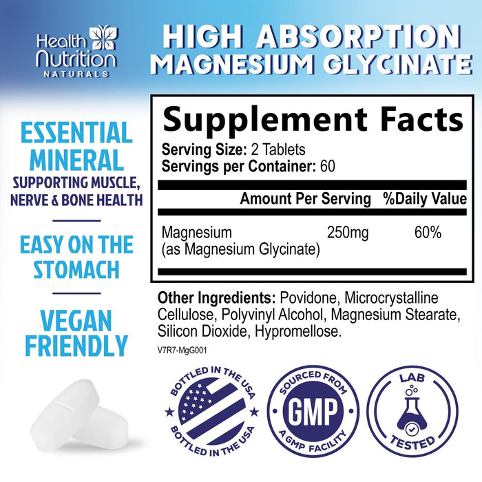 Magnesium Glycinate 250mg - 100% Chelated Magnesium for Max Absorption - Sleep Support, Muscle, Nerves, Bone & Heart Health Support, Best Mag Supplement, Vegan Non-GMO, 3rd Party Tested - 120 Tablets
