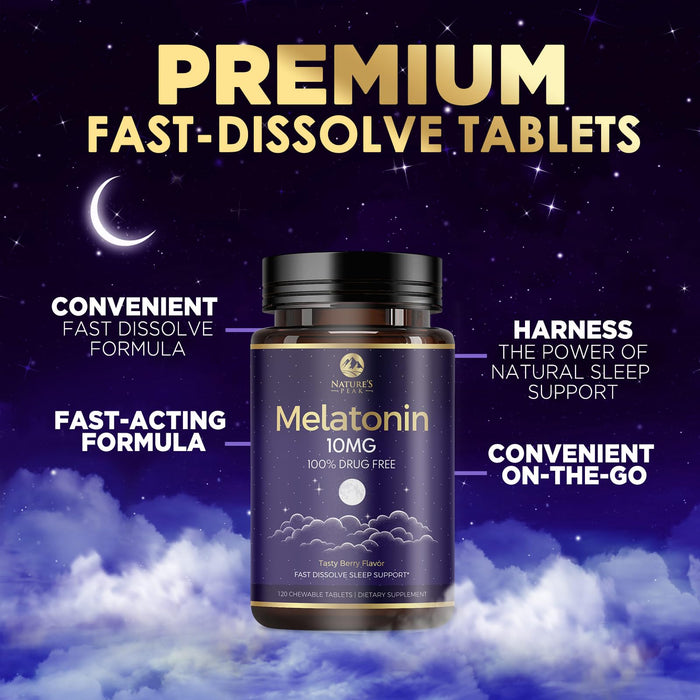 Melatonin 10mg - Sleep Support Supplements for Adults - Extra Strength Fast Dissolve 10 mg Melatonin Tablets for Restful Sleep Support, Natural Strawberry Flavor, Sugar-Free Non-GMO - 120 Day Supply