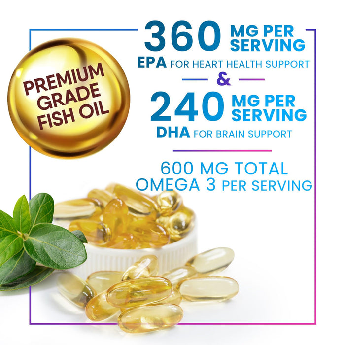 Omega 3 Fish Oil 2400 mg Supplement, Sustainably Sourced, Triple Strength Omega-3 Supplement Softgels, Brain Health Support, EPA & DHA Fish Oil Fatty Acids Supplements, Gluten & GMO Free, 120 Softgels