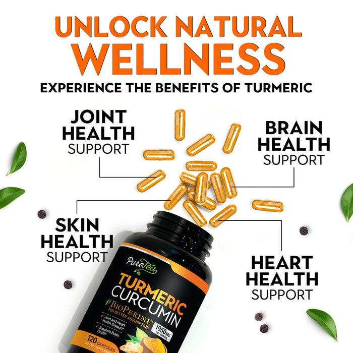 Turmeric Curcumin Supplement with BioPerine 1950mg, 95% Standardized Curcuminoids - Black Pepper for Advanced Absorption, Herbal Joint Support Complex, Nature's Tumeric Extract Non-GMO - 120 Capsules
