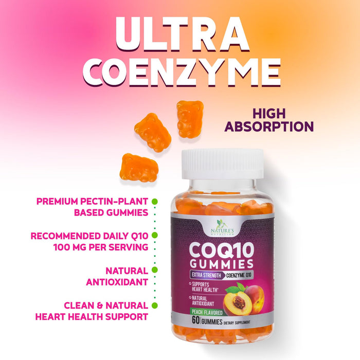 Nature's Nutrition CoQ10 Gummies 100mg – High Absorption Coenzyme Q10 Supplement for Heart Health, Energy & Antioxidant Support – Peach Flavor Gummy, Vegan, Non-GMO, Gluten Free – 60 Count