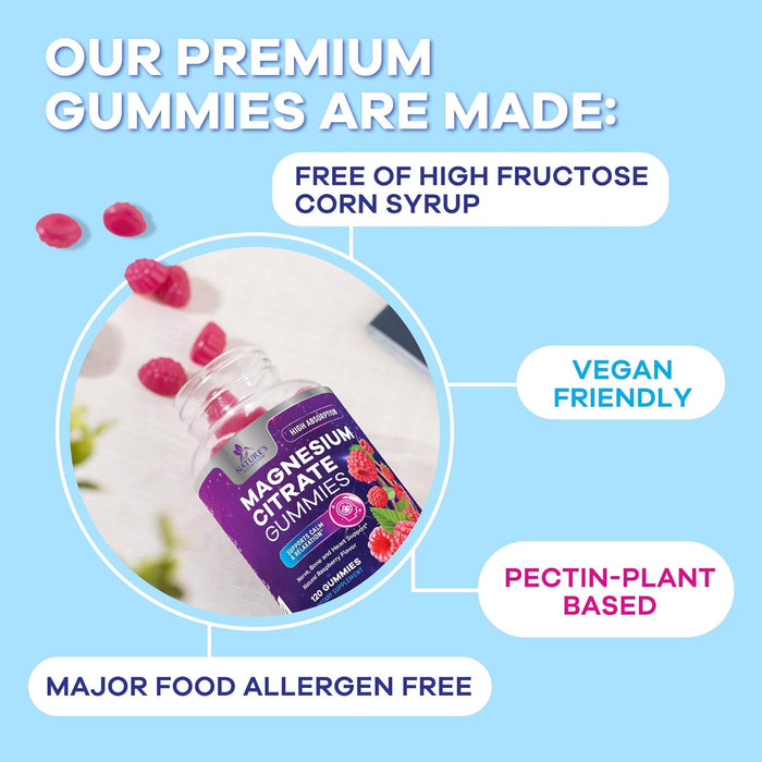 Magnesium Gummies Supplement - High Absorption Magnesium Citrate Supplement for Adults & Kids - Nature's Calm Magnesio Gummy Dietary Supplements for Bone, Muscle Health, Heart Support - 120 Gummies