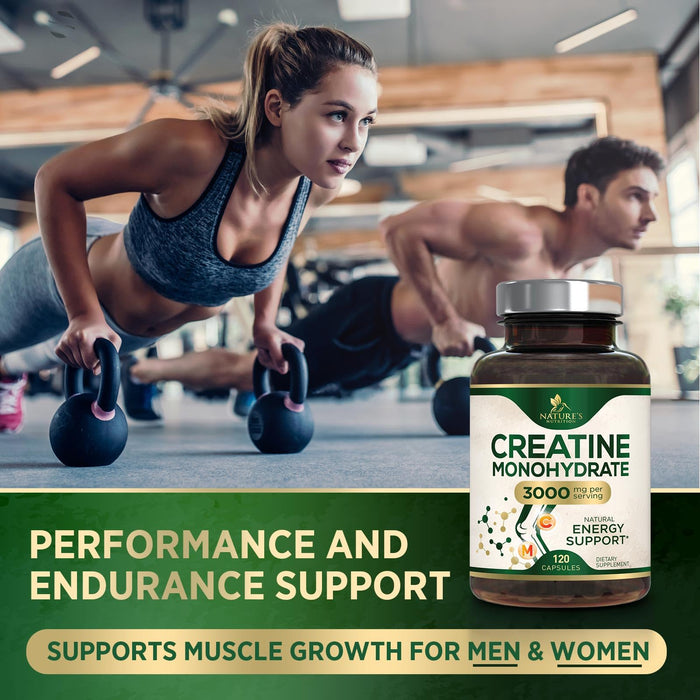 Creatine Monohydrate Capsules 3000mg â€“ Best Micronized Creatine Powder - Supports Lean Muscle, Strength, Energy, & Endurance - Nature's Supplement, Non-GMO, Gluten Free for Women & Men - 120 Capsules