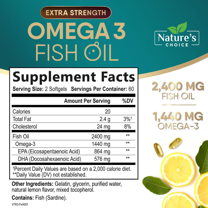 Omega 3 Fish Oil Supplement 2400 mg - Triple Strength EPA & DHA Fish Oil Omega 3, Essential Fatty Acids Supplement Softgels, Brain & Heart Health Support Supplements, Gluten Free Non-GMO, 120 Softgels