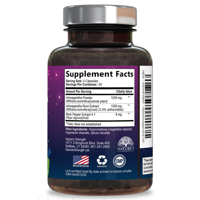 Ashwagandha 2100mg - Extra Strength with Black Pepper for Max Absorption, Ashwagandha Powder and Root Supplements for Women & Men, Antioxidant Support, Vegan, Non-GMO & Gluten Free - 120 Capsules