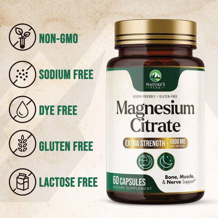 Magnesium Citrate 1000mg - High Absorption Magnesium Supplement Supports Muscle, Bone, Nerve & Heart Health - Extra Strength Magnesio Complex Pills - Non-GMO, Premium Energy Formula - 60 Capsules