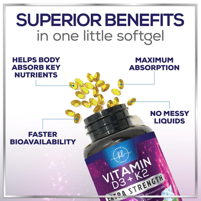 Vitamin D3 K2 - Vitamin D3 (5000 iu) & 100 mcg Vitamin K2 (MK-7) Complex for Immune Support & Bone, Teeth & Muscle Health - Easy to Swallow, Gluten Free, Non-GMO, Bottled in USA - 240 Softgels