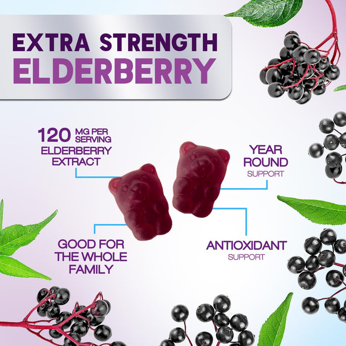 Elderberry Immune Support Gummies - Super Concentrated 35:1 Extract, Equivalent to 4200mg of Elderberries - Sambucus Black Elder Berry Vitamin Supplement, Daily Support for Kids & Adults - 60 Gummies