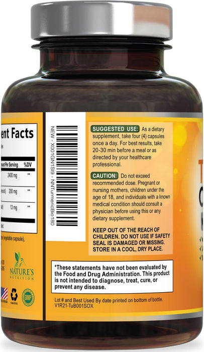 Turmeric Curcumin Supplement with BioPerine 95% Curcuminoids 2600mg with Black Pepper for Best Absorption, Bottled in USA, Best Natural Vegan Joint Support, Nature's Non-GMO Tumeric - 180 Capsules
