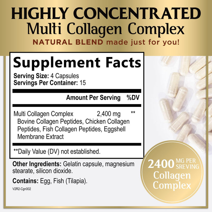 Multi Collagen Peptides for Women – 2400mg Best Hydrolyzed Collagen Complex with 5 Types (I, II, III, V, X) - Grass Fed – Hair, Skin, Nail, Bone & Joint Support for Beauty & Wellness – 60 Capsules