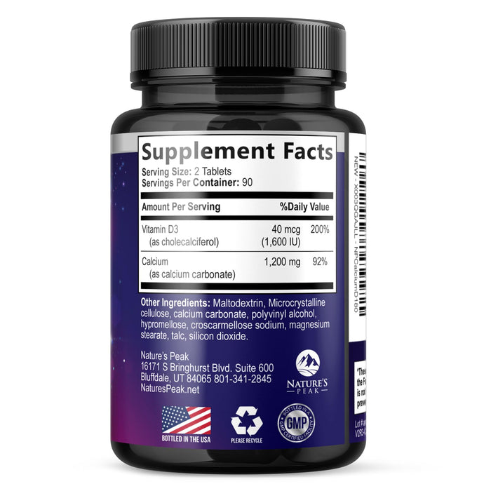 Calcium 1200 mg with Vitamin D3, Calcium Supplement Vitamins, Bone, Teeth & Immune Health Support, Calcium Supplements with D for Women & Men, Nature's Absorbable Calcium Carbonate - 180 Tablets