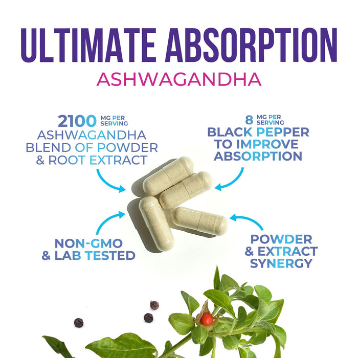 Ashwagandha Supplement 2100mg - Extra Strength Herbal Root Extract, Best Ashwagandha Supplements for Men & Women, Restore, Unwind, Calm Support Formula, Vegetarian, Non-GMO, Gluten-Free, 60 Capsules