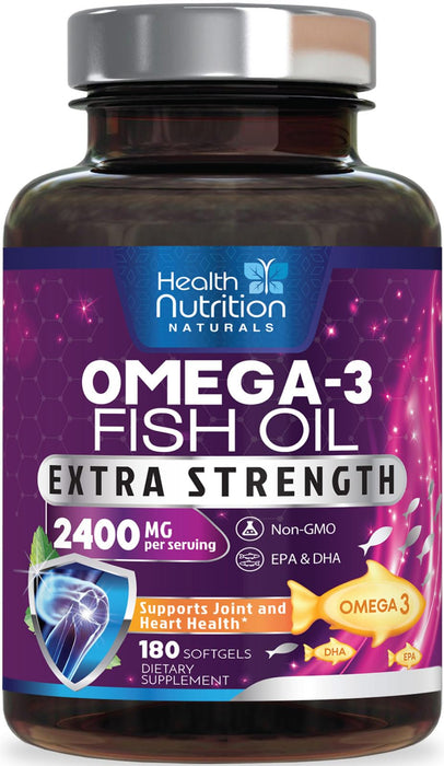 Omega 3 Fish Oil 2400 mg - Triple Strength Omega3, EPA & DHA Fatty Acids Supplement - Natural Support for Immune, Heart & Brain Health - Wild Caught, Non-GMO, Lemon Flavor, Burpless - 240 Softgels