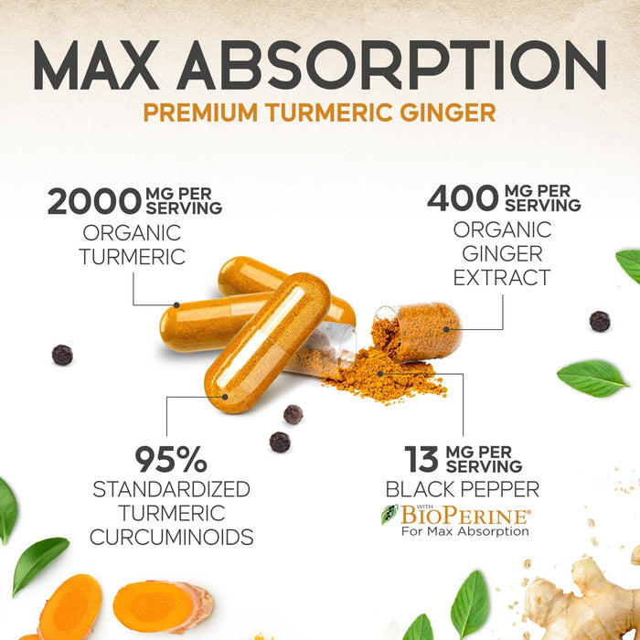 Turmeric Curcumin Supplement 2600mg - with Organic Ginger & Turmeric, 95% Curcuminoids, BioPerine Black Pepper for Best Absorption, Nature's Vegan Joint Support, Non-GMO, Bottled in USA - 60 Capsules