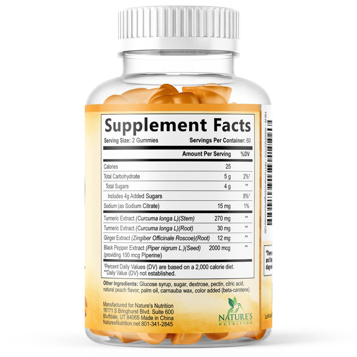 Turmeric Gummies with Black Pepper & Ginger for Best Absorption, 95% Curcuminoids Tumeric Curcumin Gummy, Nature's Herbal Extract Joint Support Supplement, Vegan Non-GMO, Peach Flavor - 120 Gummies