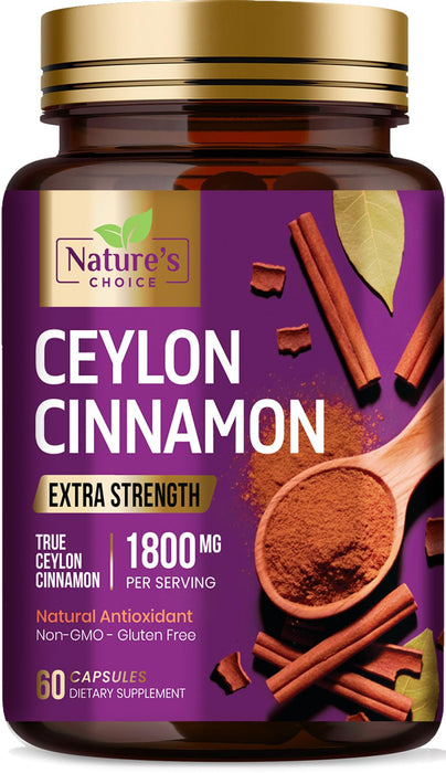 Ceylon Cinnamon Capsules 1800mg - Certified Organic Cinnamon, Bottled in USA, & Pure Extra Strength Ceylon Cinnamon Supplement, Antioxidant Pills, Non-GMO & Gluten Free, Sugar Free - 60 Capsules