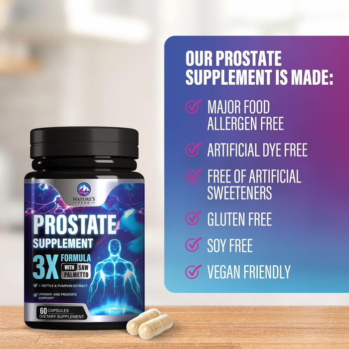 Prostate Health Supplements for Men - Support Complex 3x Formula with Saw Palmetto Blend Stinging Nettle Root & Pumpkin Seed Extract - Supports Bathroom Trips Prostate & Urinary Health - 60 Capsules