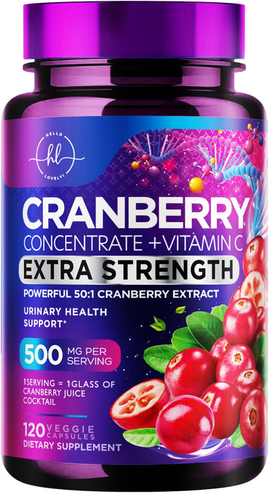 Cranberry Supplement 25,000mg Formula + Vitamin C – Urinary Tract Health Support for Women & Men, 50:1 Whole Fruit Cranberry Extract Pills for Women, Sugar-Free, Non-GMO, Gluten-Free - 120 Capsules