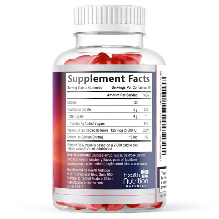 Vitamin D3 Gummies 5000 IU (125 mcg) - Extra Strength Immune Support, Bone, Teeth and Muscle Vitamin D Gummy Dietary Supplement, Nature's Berry D Vitamin Supplement, Raspberry, Non-GMO - 60 Gummies