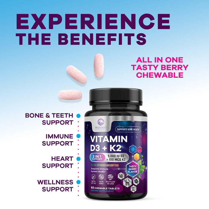 Vitamin D3 K2 - 5000 iu Vitamin D3 & 100 mcg Vitamin K2 (MK-7) Complex for Immune Support - Bone, Teeth & Muscle Health Support - Berry Chewable, Gluten Free, Non-GMO, Made in USA - 60 Tablets