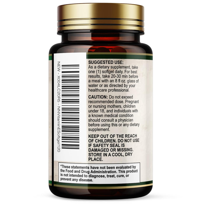 Vitamin E 400 IU Softgels (180mg DL-Alpha) for Women & Men, Supplement for Max Absorption, Nature's Antioxidant for Skin, Heart, Eye, and Immune Health Support, Dairy, Gluten & Soy Free, 120 Softgels