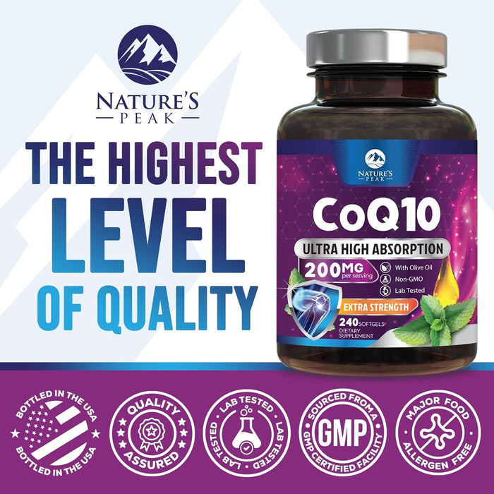 CoQ10 200mg - Ultra High Absorption Co Q 10 Softgel Supplement With Black Pepper, Energy & Heart Health Support Antioxidant - Coenzyme Q10 (Ubiquinone) for Women & Men, Bottled in USA - 240 Softgels