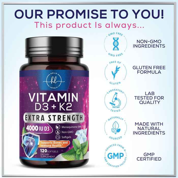 Vitamin D3 K2 - Vitamin D3 (5000 iu) & 100 mcg Vitamin K2 (MK-7) Complex for Immune Support & Bone, Teeth & Muscle Health - Easy to Swallow, Gluten Free, Non-GMO, Bottled in USA - 120 Softgels