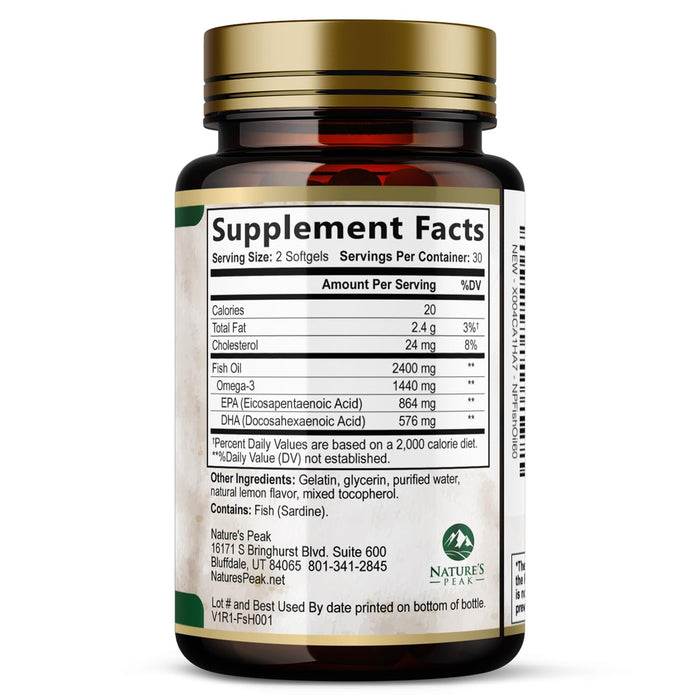 Omega 3 Fish Oil Pills 2400mg - Triple Strength Omega 3 Fish Oil Supplements - Best EPA & DHA Fatty Acids for Brain & Heart Health Support, Nature's Omega3 Supplement, 30 Day Supply - 60 Softgels