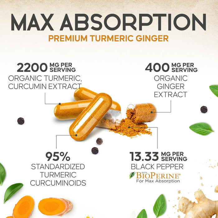 Turmeric Curcumin Supplement 2600mg - with Organic Ginger & Turmeric, 95% Curcuminoids, BioPerine Black Pepper for Best Absorption, Nature's Vegan Joint Support, Non-GMO, Bottled in USA - 180 Capsules