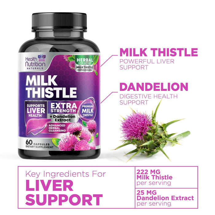 Milk Thistle Supplement - Liver Cleanse Detox & Repair Formula 1000mg with Dandelion - Nature's Herbal Milk Thistle Extract Supplements w/Silymarin Marianum, Supports Liver Health - 60 Capsules