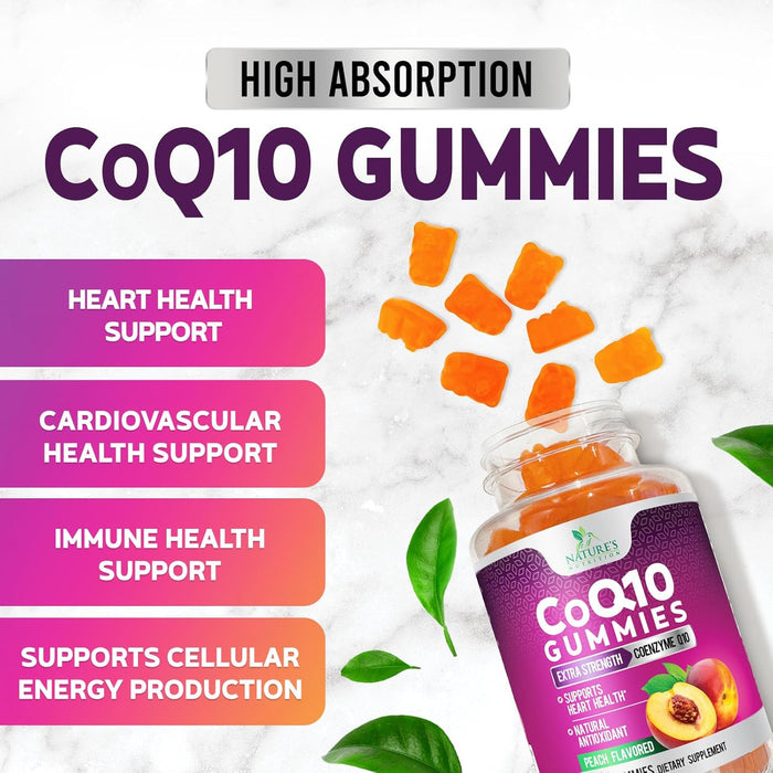 Nature's Nutrition CoQ10 Gummies 100mg â€“ High Absorption Coenzyme Q10 Supplement for Heart Health, Energy & Antioxidant Support â€“ Peach Flavor Gummy, Vegan, Non-GMO, Gluten Free â€“ 60 Count