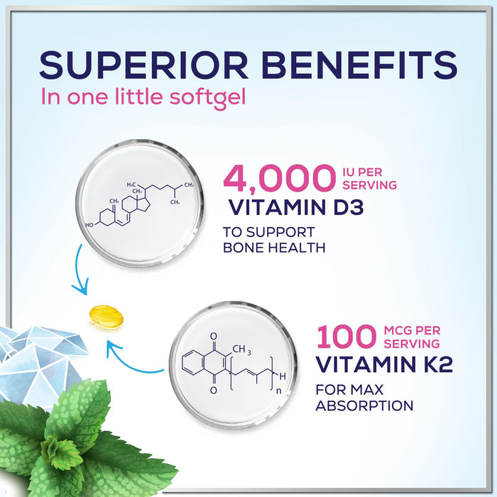 Vitamin D3 K2 - Vitamin D3 (5000 iu) & 100 mcg Vitamin K2 (MK-7) Complex for Immune Support & Bone, Teeth & Muscle Health - Easy to Swallow, Gluten Free, Non-GMO, Bottled in USA - 120 Softgels