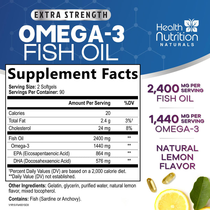 Omega 3 Fish Oil 2400 mg - Triple Strength Omega3, EPA & DHA Fatty Acids Supplement - Natural Support for Immune, Heart & Brain Health - Wild Caught, Non-GMO, Lemon Flavor, Burpless - 240 Softgels