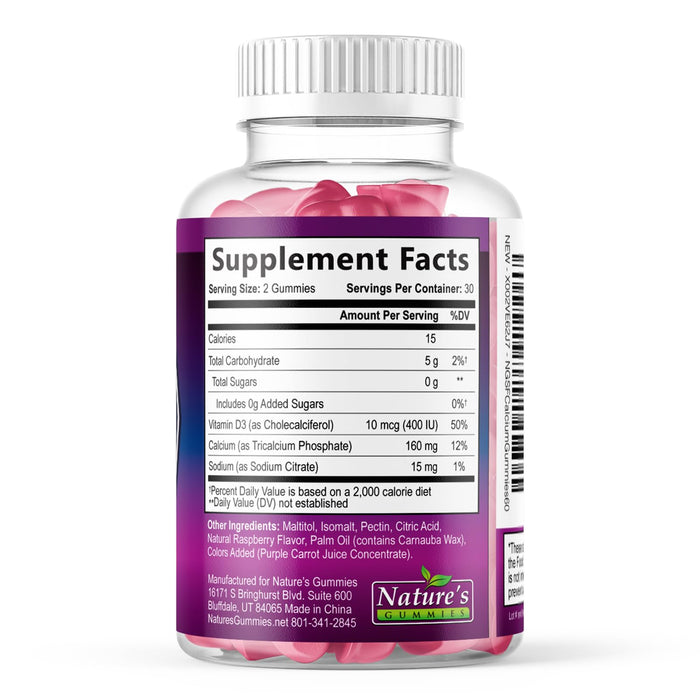 Sugar Free Chewable Calcium Gummy Vitamins - Plus 400 IU Vitamin D3 for Bone, Teeth, & Immune Health Support - Calcium Supplements for Women & Men Daily, Non-GMO, Berry Flavored - 60 Gummies