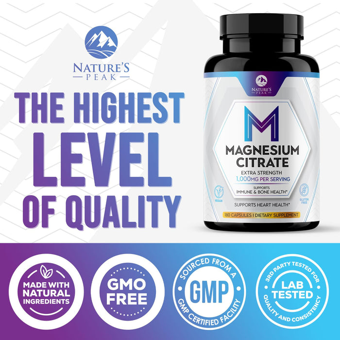 Magnesium Citrate 1000mg - High Absorption Magnesium Supplement Supports Muscle, Bone, Nerve & Heart Health - Extra Strength Magnesio Complex Pills - Non-GMO, Premium Energy Formula - 180 Capsules