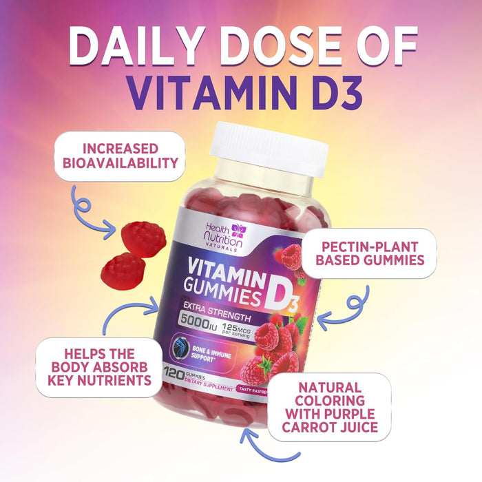 Vitamin D3 Gummies 5000 IU (125 mcg) - Extra Strength Immune Support, Bone, Teeth and Muscle Vitamin D Gummy Dietary Supplement, Nature's Berry D Vitamin Supplement, Raspberry, Non-GMO - 120 Gummies