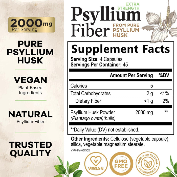 Psyllium Husk Fiber Caps 1500mg Supplement - Psyllium Husk Capsules Daily Support Digestive Health & Regularity, Nature's Plant Based Husks Natural Soluble Fiber Pills, Vegan, Non-GMO - 180 Capsules