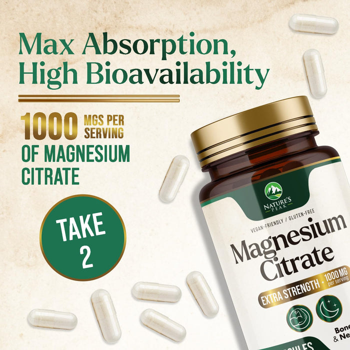 Magnesium Citrate 1000mg - High Absorption Magnesium Supplement Supports Muscle, Bone, Nerve & Heart Health - Extra Strength Magnesio Complex Pills - Non-GMO, Premium Energy Formula - 180 Capsules